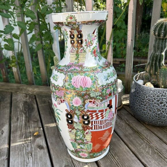 Large Antique Famille Rose Porcelain Vase Chinese Floral Figural Birds 18.5 Inch - Picture 2 of 16